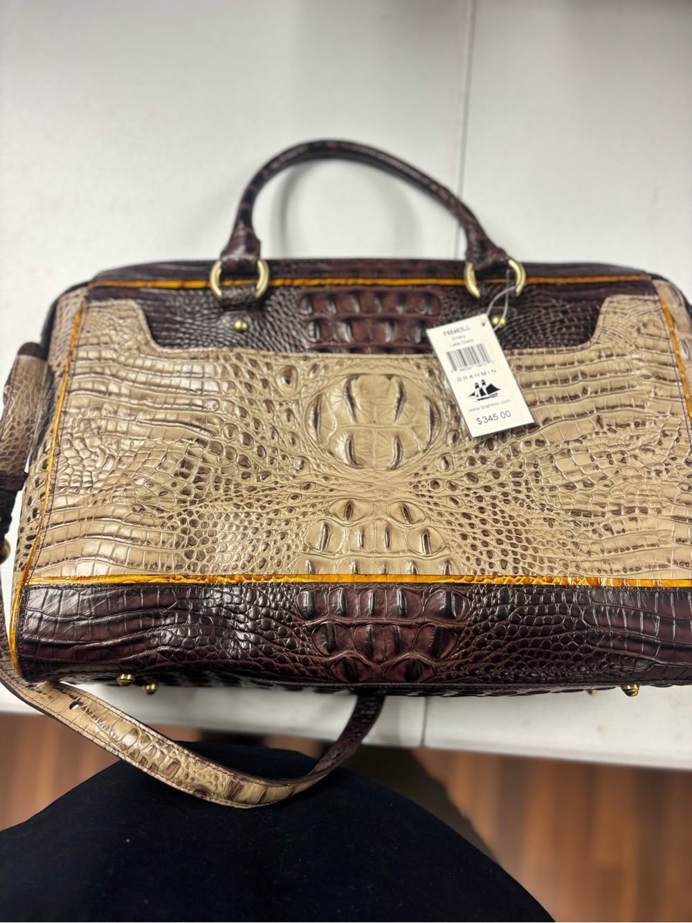 Brahmin Croc-Embossed Satchel in Beige and Dark Brown with Yellow Trim - Picture 2 of 16